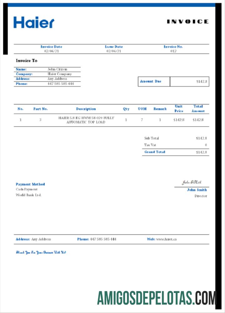 Fatura Haier dos EUA modelo